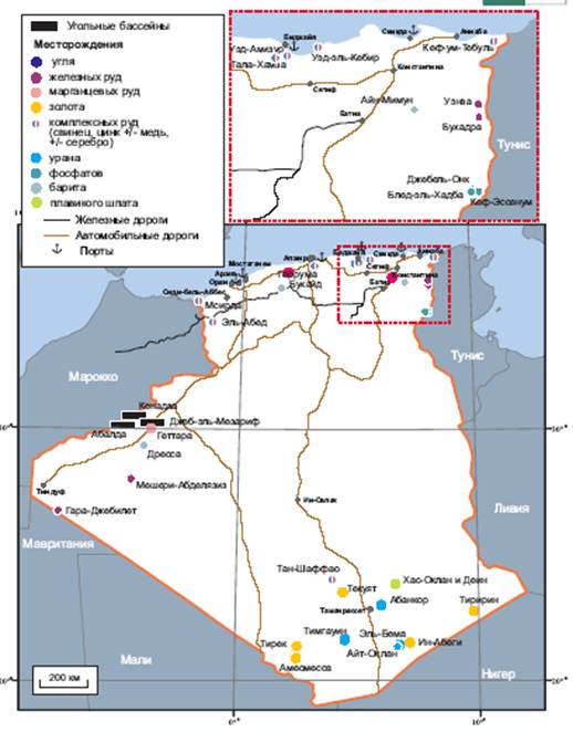 Схема размещения
основных твердых полезных ископаемых Алжира *** Размер изображения уменьшен. Нажмите, чтобы увидеть полноразмерное изображение с полным качеством